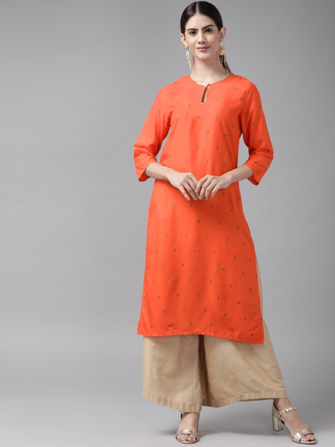 

W Women Orange & Golden Ethnic Motifs Printed Keyhole Neck Kurta