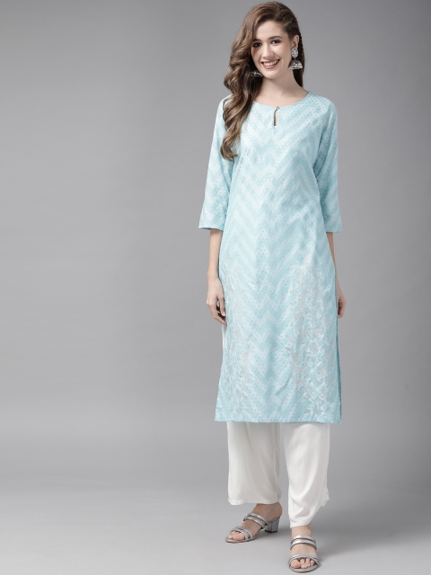 

W Women Blue & Silver Ethnic Motifs Printed Keyhole Neck Kurta