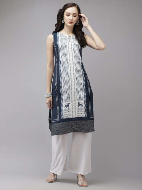 

W Women White & Navy Blue Geometric Printed Keyhole Neck Straight Kurta