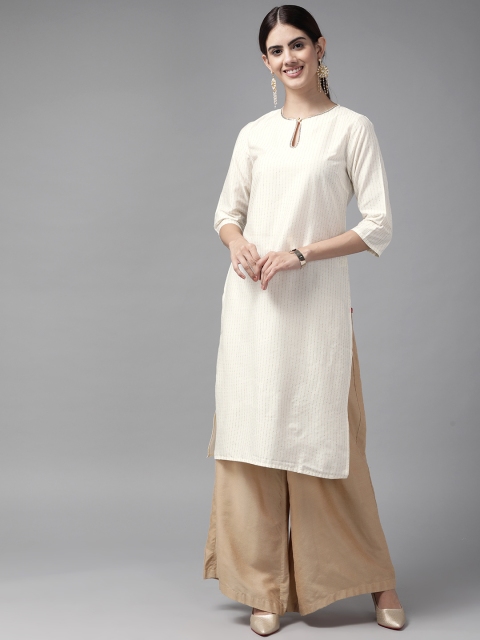 

W Women Cream-Coloured & Golden Striped Keyhole Neck Kurta