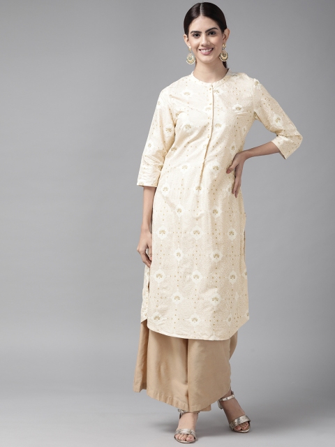 

W Women Cream-Coloured & Golden Ethnic Motifs Printed Kurta
