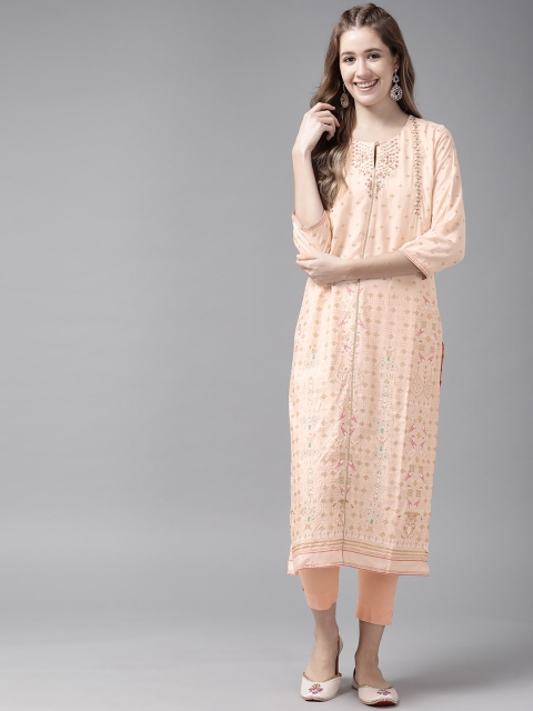 

W Women Peach-Coloured & Golden Ethnic Motifs Printed Keyhole Neck Kurta