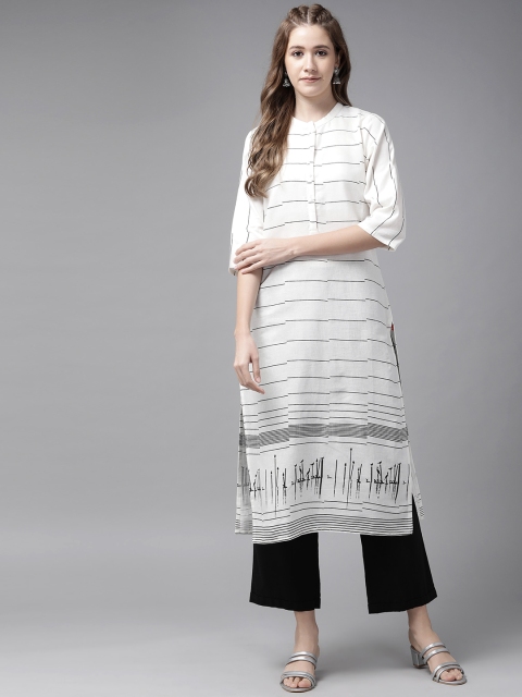 

W Women White & Black Striped Straight Kurta