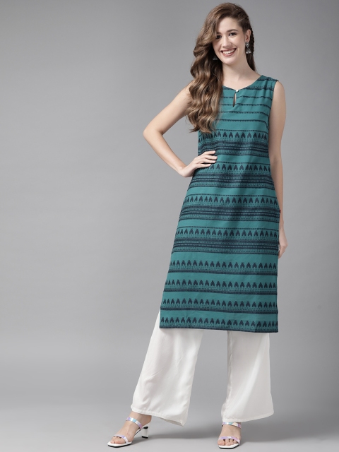 

W Women Green & Navy Blue Embroidered Keyhole Neck Kurta