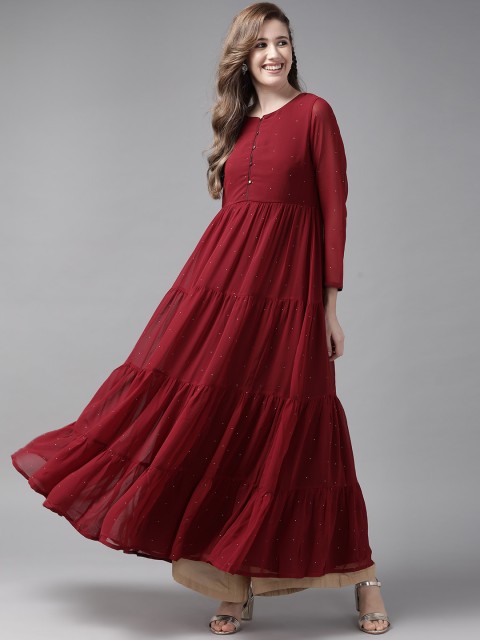 

W Women Maroon & Silver Embellished Tiered Kurta