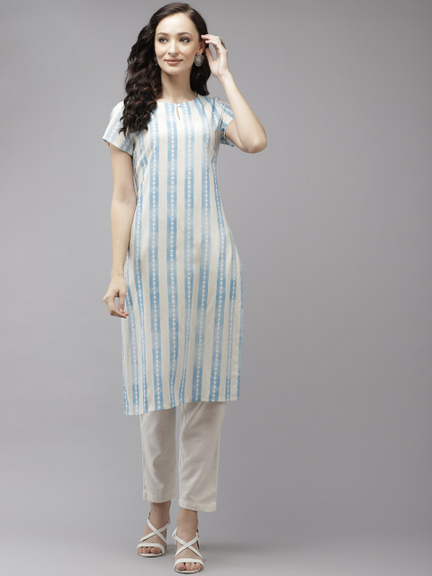 

W Women Blue & White Striped Keyhole Neck Kurta
