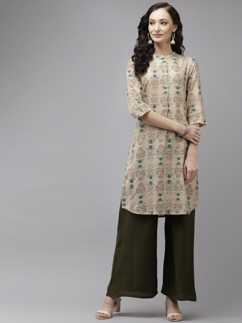 

W Women Beige & Green Floral Print Kurta