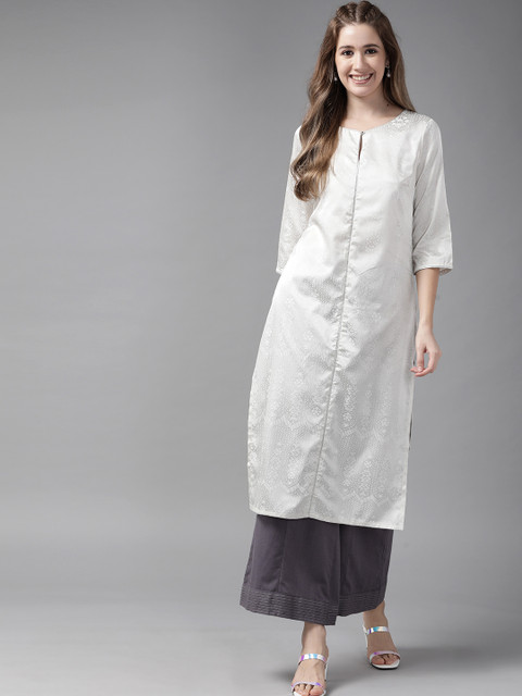 

W Women Silver & Off White Ethnic Motifs Printed Keyhole Neck Straight Kurta