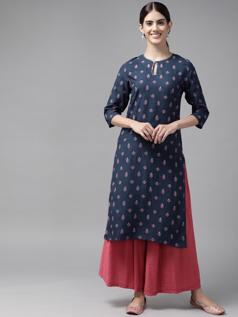 

W Women Navy Blue & Pink Ethnic Motifs Printed Keyhole Neck Kurta