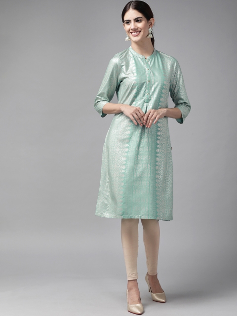 

W Women Sea Green & Golden Ethnic Motifs Printed Pastel Kurta