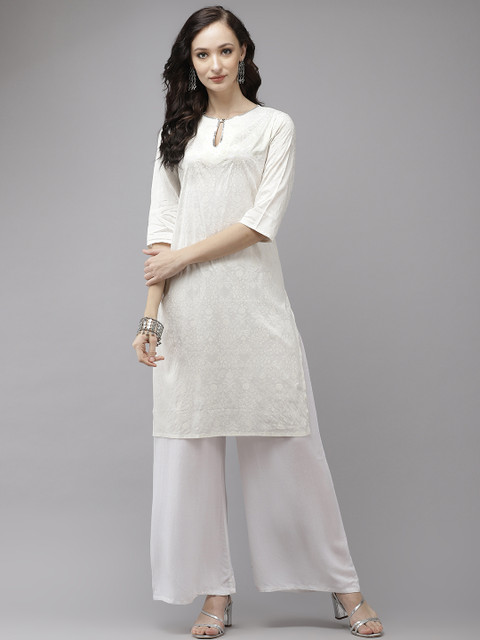 

W Women Off-White Floral Print Keyhole Neck Kurta