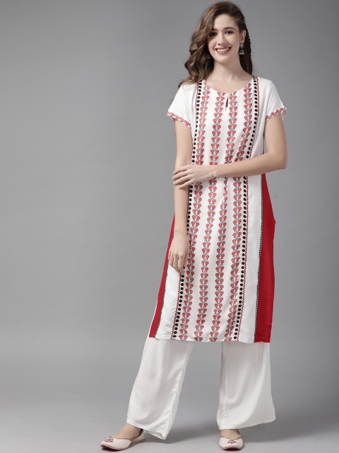

W Women White & Red Ethnic Motifs Printed Keyhole Neck Kurta