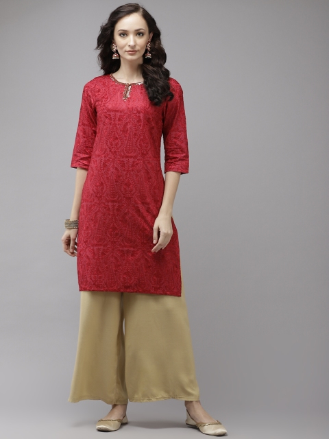 

W Women Maroon Pure Cotton Embroidered Keyhole Neck Kurta