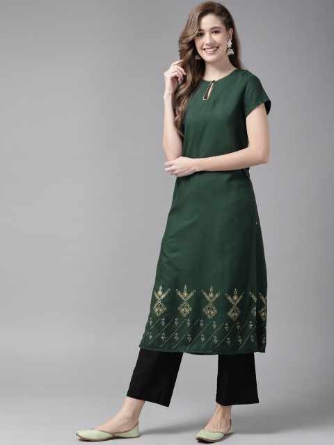 

W Women Green Ethnic Motifs Printed Keyhole Neck Kurta