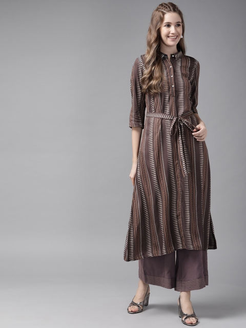 

W Women Brown & Off White Geometric Printed Shirt A-Line Kurta