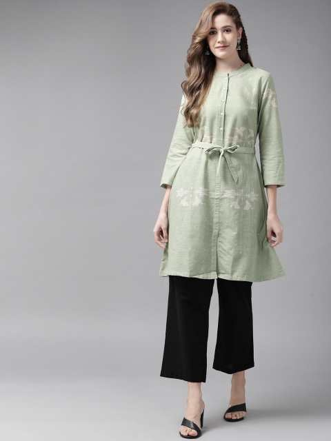 

W Women Green & Off White Ethnic Motifs Printed Pastel Pure Cotton Kurta
