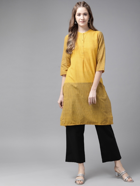 

W Women Mustard Yellow & Black Striped Pure Cotton Straight Kurta