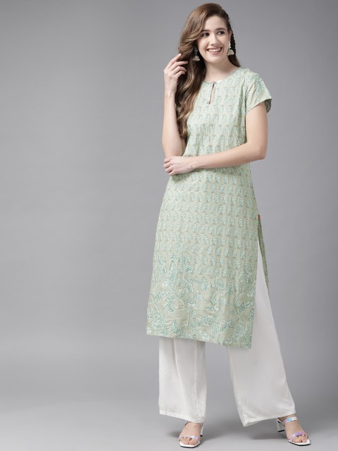 

W Women Green & Blue Floral Printed Keyhole Neck Kurta