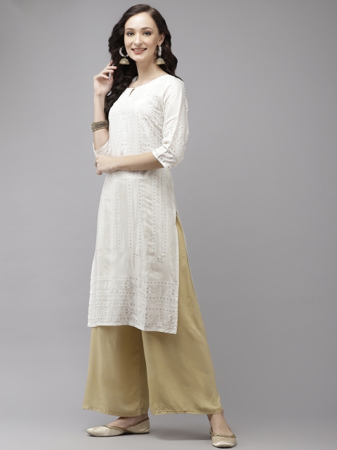 

W Women White & Golden Ethnic Motifs Printed Keyhole Neck Kurta