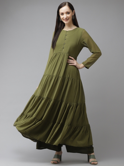 

W Women Olive Green Embellished Tiered Anarkali Kurta