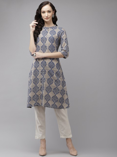 

W Women Beige & Navy Blue Ethnic Motifs Printed Kurta