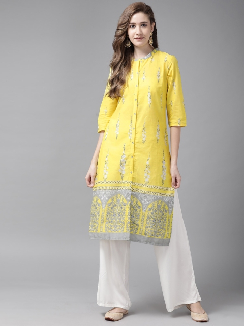 

W Women Yellow & Grey Floral Printed Cotton Straight Kurta