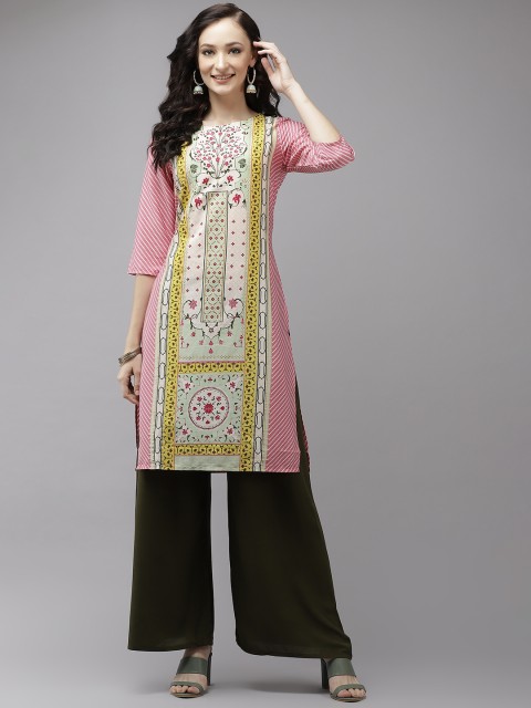 

W Women Pink & Yellow Floral Printed Kurta