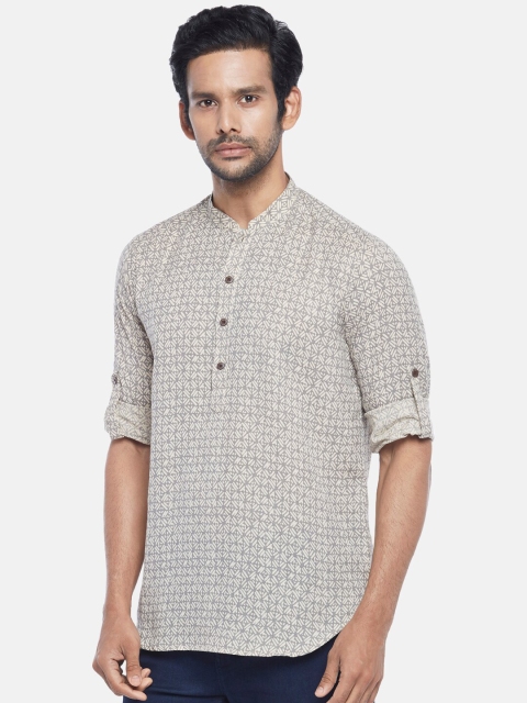 

indus route by Pantaloons Men Off White & Grey Geometric Printed Kurta
