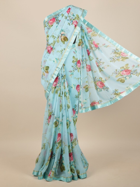 

Pothys Women Blue & Pink Poly Georgette Floral Printed Saree