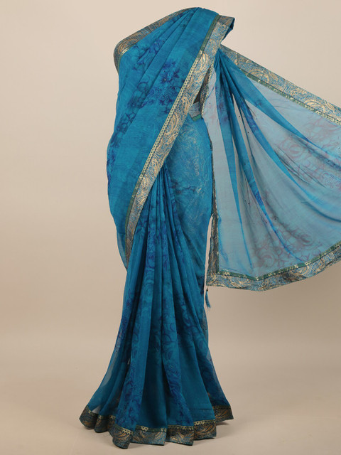 

Pothys Blue & Gold-Toned Floral Beads and Stones Saree