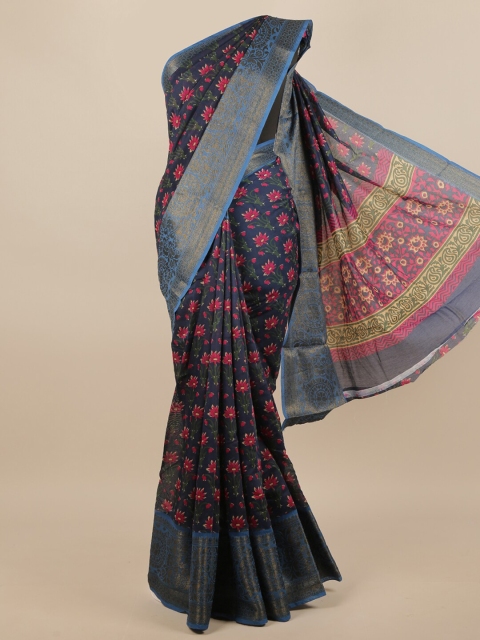 

Pothys Navy Blue & Pink Floral Printed Zari Saree
