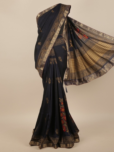 

Pothys Women Navy Blue Jute Silk Floral Printed & Embellished Saree