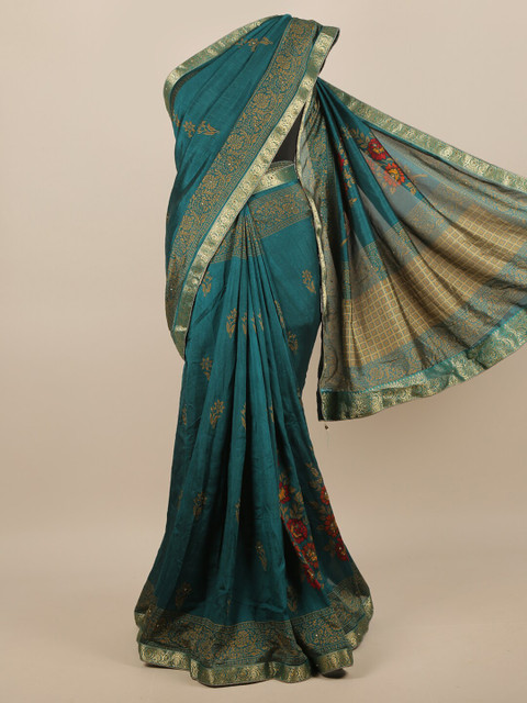 

Pothys Green & Brown Floral Zari Jute Silk Saree