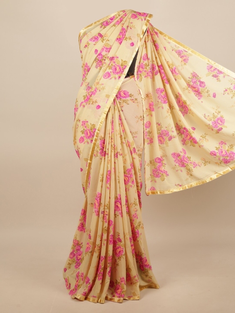 

Pothys Women Cream-Coloured & Pink Poly Georgette Floral Printed Saree