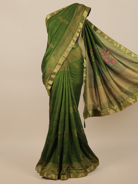 

Pothys Green & Gold-Toned Woven Design Jute Silk Saree