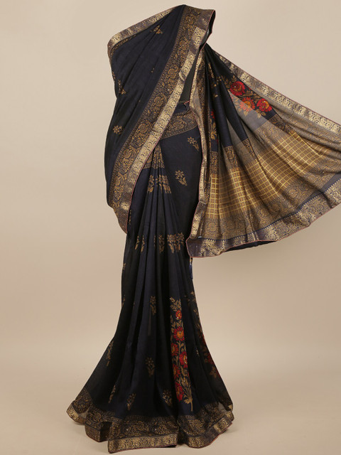 

Pothys Women Navy Blue & Gold-Toned Jute Silk Floral Printed Saree