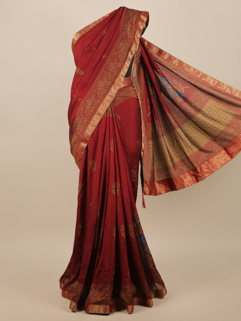 

Pothys Maroon & Gold-Toned Ethnic Motifs Jute Silk Saree