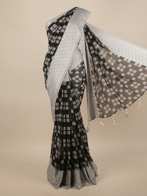 

Pothys Black & Silver-Toned Checked Saree