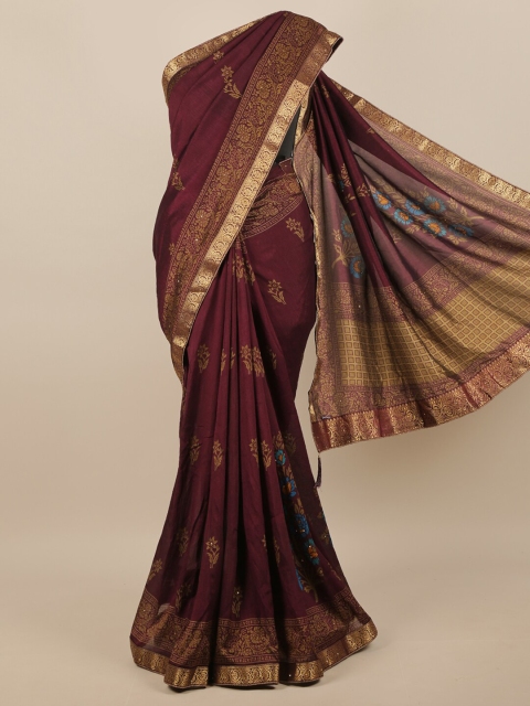 

Pothys Maroon & Blue Ethnic Motifs Zari Jute Silk Saree