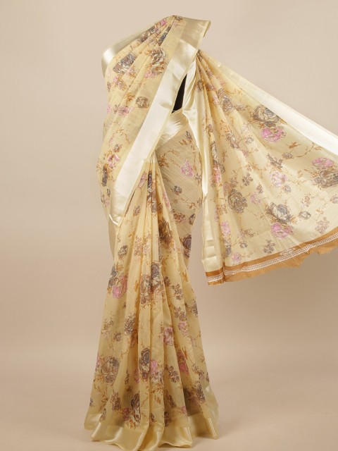 

Pothys Cream-Coloured & Silver-Toned Floral Saree