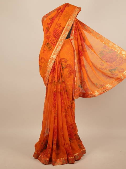 

Pothys Orange & Gold-Toned Floral Printed Zari Saree