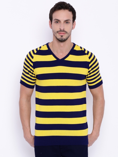 

FIFTY TWO Men Yellow & Navy Striped Sweater