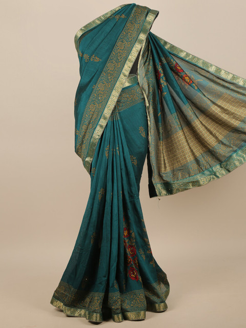 

Pothys Green & Gold-Toned Floral Beads and Stones Jute Silk Saree