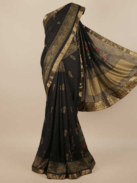 

Pothys Black & Gold-Toned Jute Silk Floral Printed Saree