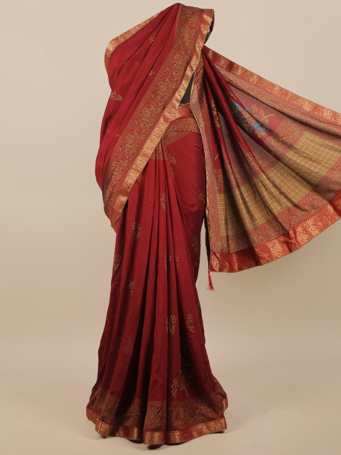 

Pothys Maroon & Gold-Toned Floral Printed Zari Jute Silk Saree