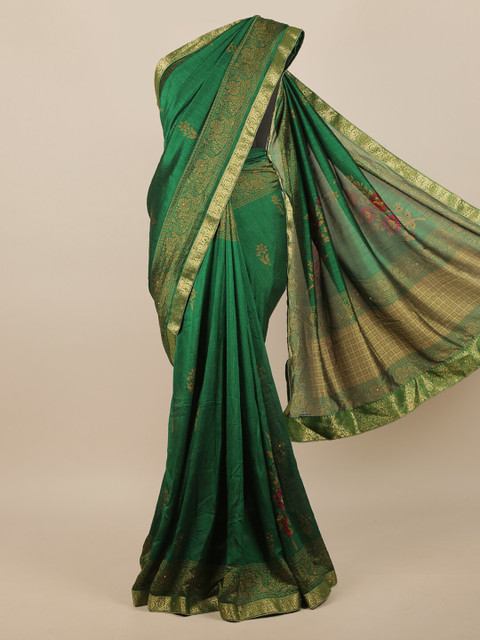

Pothys Green & Gold-Toned Floral Printed Zari Jute Silk Saree