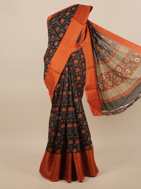 

Pothys Black & Orange Floral Printed Zari Saree