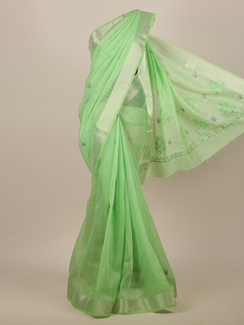 

Pothys Green & Silver-Toned Floral Embroidered Zari Saree