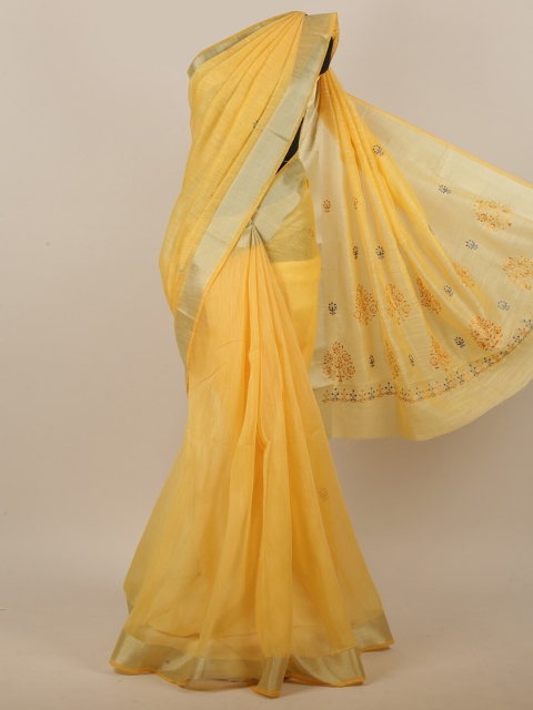 

Pothys Yellow & Gold-Tone Floral Embroidered Saree