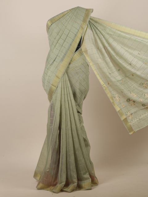

Pothys Green & Gold-Toned Checked Zari Saree